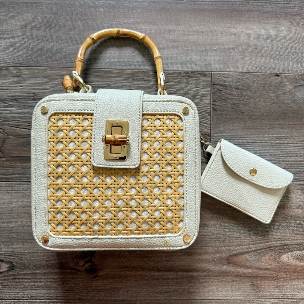 Rachel Zoe Cream and Tan Woven Purse w/ card case